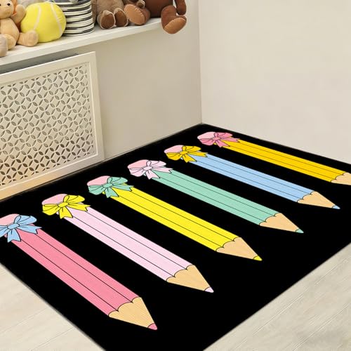 3.3x6.6 ft Pencil Coquette Bow Classroom Rug Pencil Bowknot Play Carpet Educational Area Rug Colorful Play Mat Non-Slip Back to School Floor Mat for Teaching Playroom Nursery Daycare Home Decor