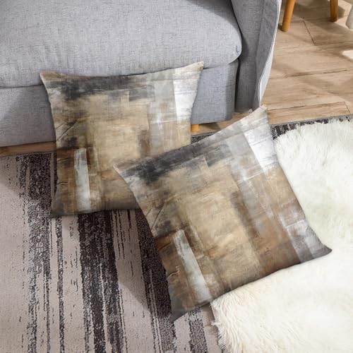Britimes Throw Pillow Covers Modern Home Art Decor, 18 x 18 Inches Set of 2 Pillow Cases Decorative, Abstract Oil Painting Pillowcases for Bedroom, Living Room, Taupe Tan Grey Brown Beige