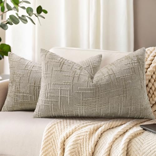 decorUhome Textured Chenille Throw Pillow Covers 12x20 Set of 2 Light Brown