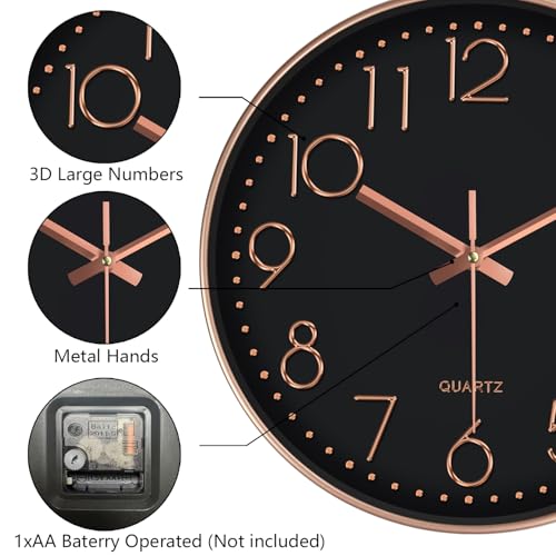 Silent Wall Clocks Battery Operated 8 Inch, Analog Wall Clock with Oversized Number Tempered Glass Clock Face, Non Ticking Wall Clocks for Living Room Bedroom Kitchen Office, Black Rose Gold