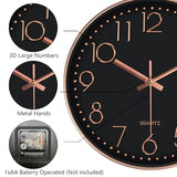 Silent Wall Clocks Battery Operated 8 Inch, Analog Wall Clock with Oversized Number Tempered Glass Clock Face, Non Ticking Wall Clocks for Living Room Bedroom Kitchen Office, Black Rose Gold