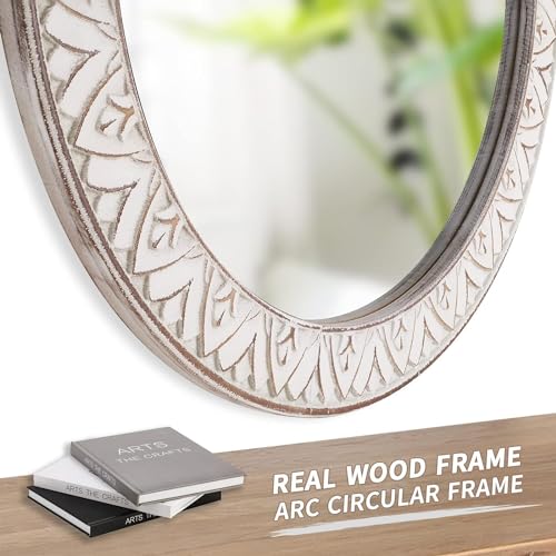 24" Round Mirror Farmhouse Wooden Frame Circle Mirrors, Rustic Decorative Distressed Wall Mounted Mirror for Bathroom, Bedroom, Living Room, Entryway, Fireplace, Hall