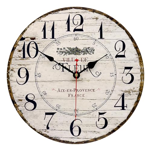 14 Inch Retro Vintage French Country Style Round Wooden Wall Clock Silent Battery Operated Non-Ticking Decorative Clock for Kitchen Farmhouse Bedroom Home Wall