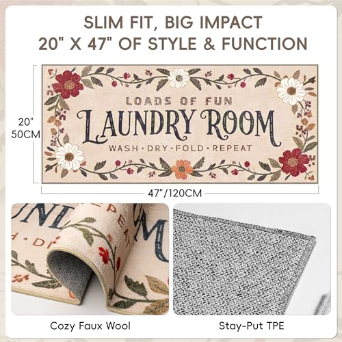 Laundry Room Rug 20"x47" – Low-Profile Boho Non-Slip Runner Rug with TPE Backing, Durable Washable Soft Laundry Mat, Comfortable Floor Mat for Laundry Room Organization, Fits Washer Front, Kitchen Mat