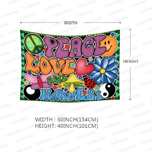 F-FUN SOUL Peace Love and Happiness Tapestry, 60x40inches Soft Flannel, 70s Theme Party Tapestries Hippie Aesthetic Tapestry Wall Hanging for Bedroom Living Room Decor GTZYFS915