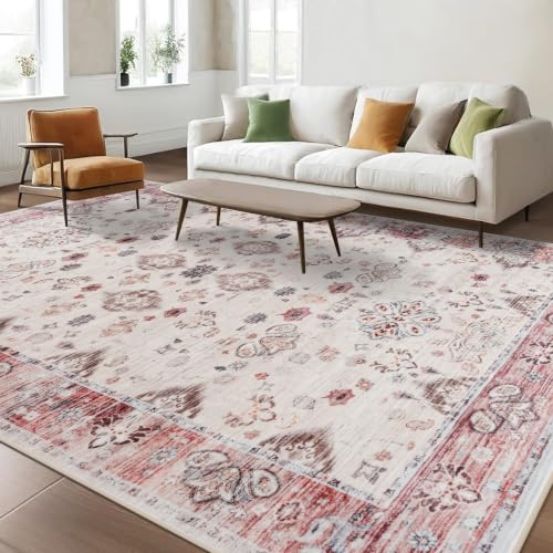 6x9 Area Rugs for Living Room, Washable Rug Vintage Floral, Red