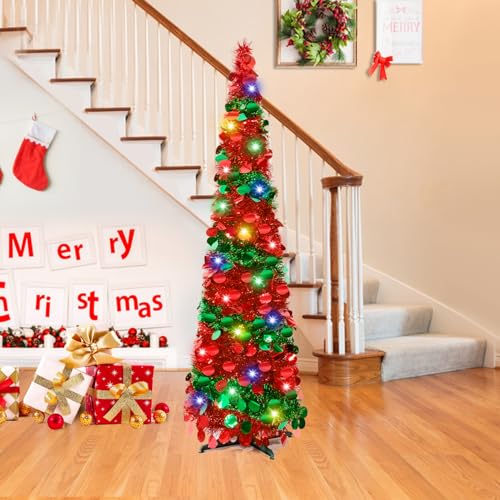 5Ft Pop Up Christmas Tree with Lights, Collapsible Pencil Tree Red Green, Skinny Christmas Tree Slim Xmas Tree, Artificial Tinsel Tree Foldable for Home Apartment Holiday Party Winter Decor