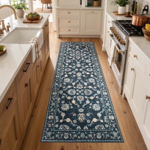 jinchan 3x8 Traditional Floral Rug, Washable Runner Rug, Midnight Blue