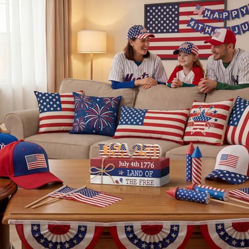 Smile 4th of July 250th Anniversary Wooden Block Stack with USA Decor, 5-Piece "Land of the F – lifestyle view