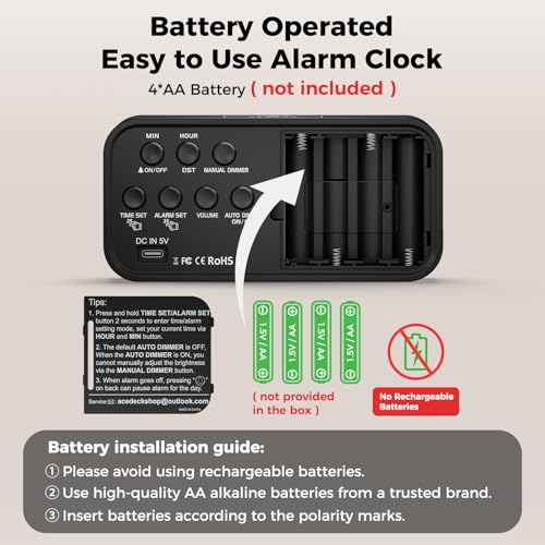 Acedeck Battery Operated Alarm Clock for Bedroom Travel: Cordless Compact Large Display Digital Clock with Auto Dimming - 4 Dimmers Easy to Use for Adults Seniors Red Digits