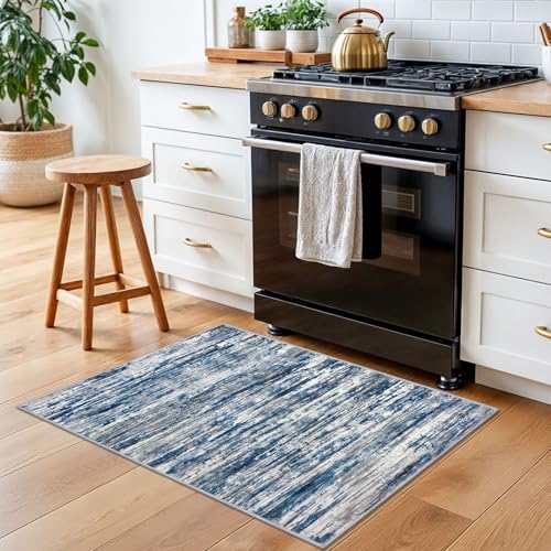SIILOOM 2x3 Modern Abstract Rug for Entryway, Navy Blue Gray Neutral Multi Super Soft Small Area Rug, Washable Slip-Resistant Kitchen Rugs, Low-Pile Mat for Bedside, Indoor Door Mat