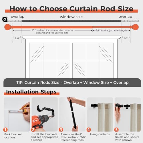 jinchan Black Curtain Rods for Windows 66 to 120 Inch, 1 Inch Diameter Adjustable Heavy Duty Outdoor Long Window Curtain Rod for Bedroom, Boho Decorative, 60-120 Inch, Single