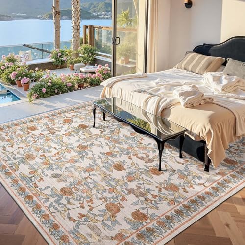 jinchan 8x10 Floral Vintage Washable Large Living Room Area Rug, Orange