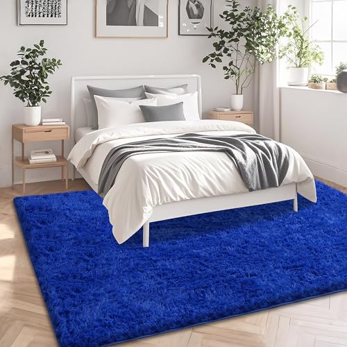 Blue Shag Area Rug for Bedroom, 4x6 Fluffy Shaggy Rugs for Living Room Boys Kids Nursery, Ultra Soft Comfy, Modern Fuzzy Plush Carpet for Girls Teen Dorm Indoor Home Decor, Upgrade Non-Slip