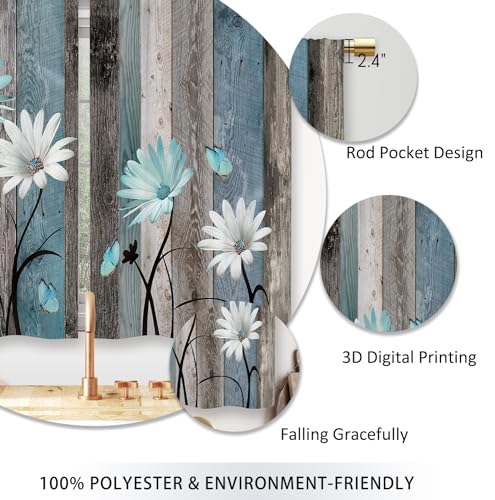 Teal Farmhouse Daisy Kitchen Curtains Wooden Flower Small Short Cafe Window Curtains Rustic Floral Butterfly Country Bathroom Drapes Treatment Tier Curtains 2 Panels (27.5x39 Inch)