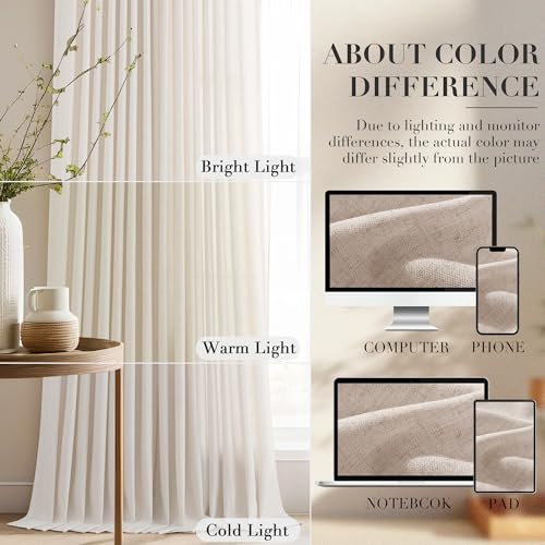 Linen Pinch Pleated Curtains 84 Inch Length for Living Room 2 Panels Semi Sheer Curtain with Hooks Neutral Boho Farmhouse Light Filtering Privacy Window Drapes for Bedroom Natural Cream Beige 52x84