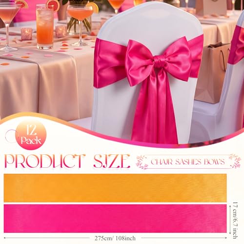 12 Pcs Pink and Orange Satin Chair Sashes Bows, 6 Orange & 6 Hot Pink Chair Ties for Sunset Wedding Reception Party Banquet Decorations, Universal Cover Sashes