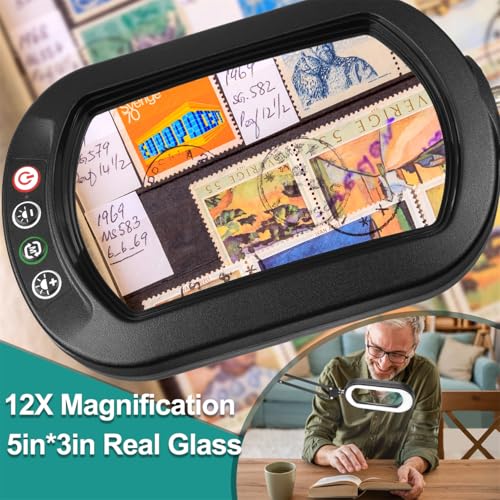 12X Magnifying Glass with Light, Rectangle Real Glass, 5 Color Modes Stepless Dimmable Magnifier with Stand, LED Lighted Clamp Desk Lamp with Swing Arm, Hands Free for Reading Crafts Close Work