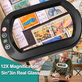 12X Magnifying Glass with Light, Rectangle Real Glass, 5 Color Modes Stepless Dimmable Magnifier with Stand, LED Lighted Clamp Desk Lamp with Swing Arm, Hands Free for Reading Crafts Close Work