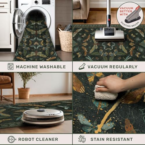 Hazo Haus Dark Green Insect 2x5 Bathroom Runner Rug - Washable Non Slip Runners for Kitchen, Laundry Room, Front Door Mat Entrance, Nature Floral Indoor Floor Décor, Thin Low Pile with Rubber Backed