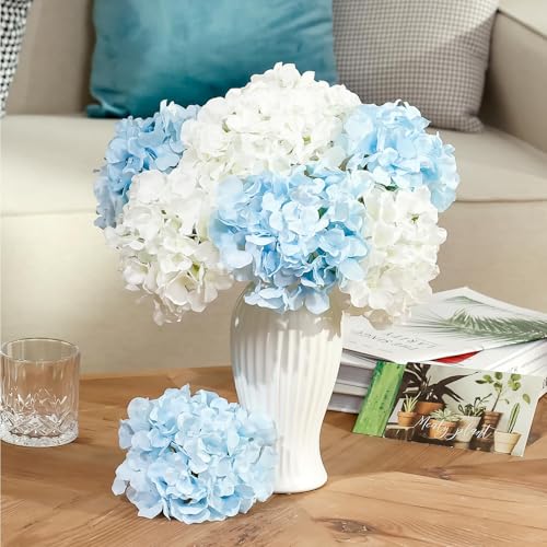 Auihiay 10PCS Hydrangea Artificial Flowers, Faux White Flowers for Wedding Centerpieces, DIY Bouquets, Bridal Shower, Floral Decor Home Decoration with Stems (VASE NOT Included)