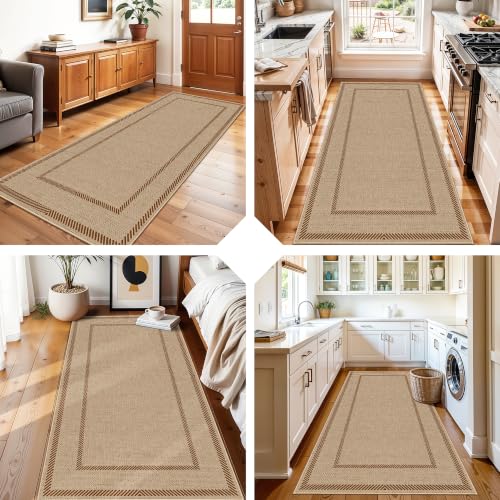 Washable 3x6 Runner Rug Neutral: Non Slip Faux Jute Bordered Geometric Rugs