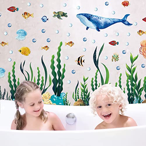 300 Pcs Ocean Wall Decals Stickers Under The Sea Ocean Animal Peel and Stick 2 Sheets Large Coral Reef and Seaweed, Bubbles Vinyl Sticker for Kids Toddler Baby Nursery Living Room Office Bathroom