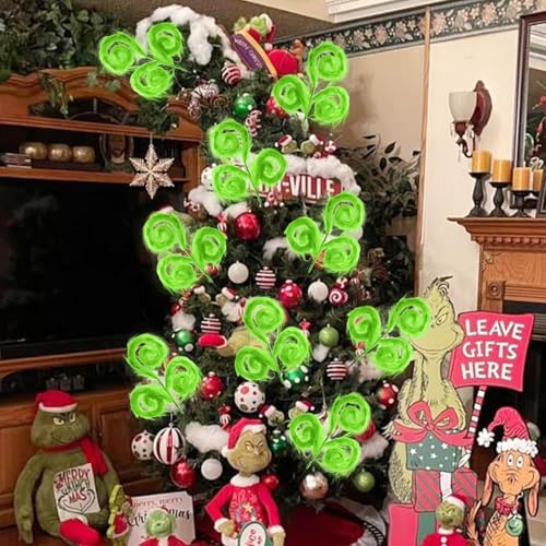 Vloso 6 Pcs Christmas Tree Topper,17 Inch Christmas Tree Ornament,Green Furry Christmas Picks for Tree Decorations