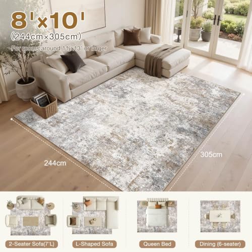 UERMEI 8x10 Area Rug Living Room Rugs - Washable Neutral Modern Abstract Soft Thin Large Rug Indoor Floor Non Slip Rug Carpet for Bedroom Under Dining Table Home Office Decor - Brown Grey