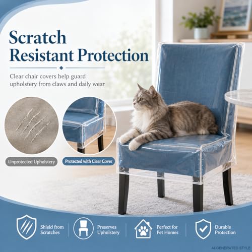 2 Pack Clear Plastic Dining Chair Covers, Waterproof Dining Chair Protectors with Backrest, PE Chair Seat Covers for Kitchen, Dining Room, Kids Messes, Pet Hair, Cat Claws, Fits 21" x 18" Seat