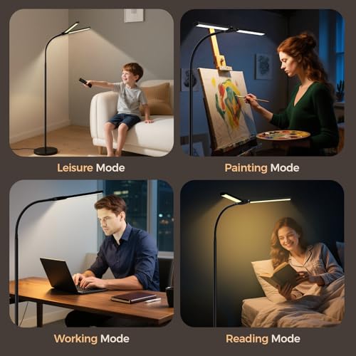 LED Floor Lamp for Living Room, Bright Reading Lamps for Office, Adjustable Colors Temperatures&Brightness, Dual Head Goose-Neck Standing Lamp, Remote and Button Control, Eye Caring Tall Lamp, Black