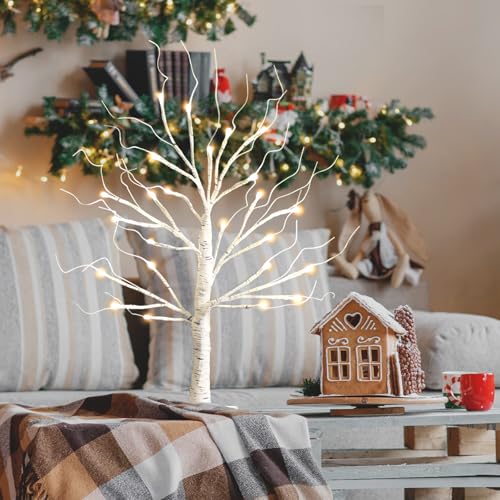 White Birch Tree with LED Lights, Lighted Birch Tree for Tabletop, USB/Battery Operated 24 LED Warm White Tree, 2FT Mini Christmas Tree Decor for Indoor Home Christmas Decorations (2 Pack, Timer)