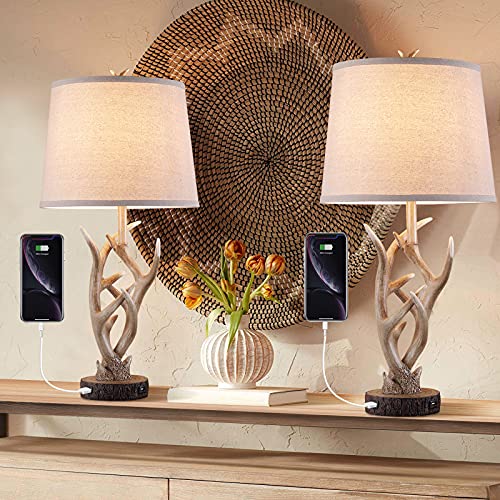 Rustic Western Table Lamp Set of 2, 26" Farmhouse Bedside Lamp for Bedroom with 2 USB Ports, Natural Antler Table Lamp for Living Room Foyer Study Office (Rustic)