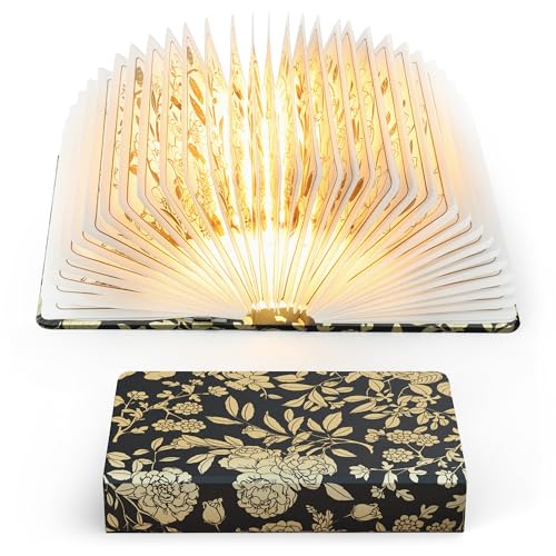 Book Lover Gift, Folding Book Lamp Decor, Portable Print Book Light | 1200mAh Rechargeable Night Light, Paper Desk Lamp, Reading Bookshelf Lamp, Gift for Women & Readers & Christmas (Black）