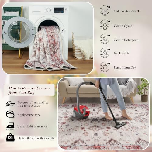 5x8 Area Rugs for Living Room, Washable Rug Vintage Floral, Red
