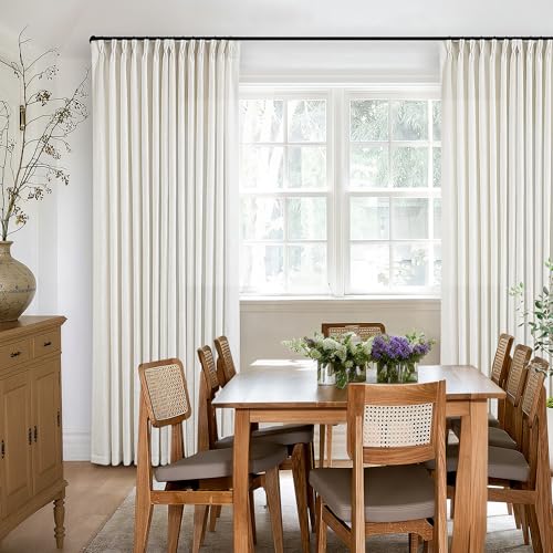 Natural Pinch Pleated Linen Curtains 84 Inch Length 2 Panels for Living Room Bedroom Textured Cream Ivory Birch Semi Sheer Boho Neutral Back Tab Pinch Pleat Hooks Rings Window Curtain 84 Inches Long