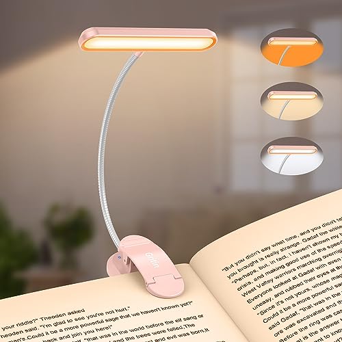 Gritin Rechargeable Book Light for Reading in Bed with 19 LED &Memory Function-Eye Caring 3 Color Temperatures,5 Brightness Levels,90 Hrs Runtime Flexible Goose Neck Clip on Light-Pink
