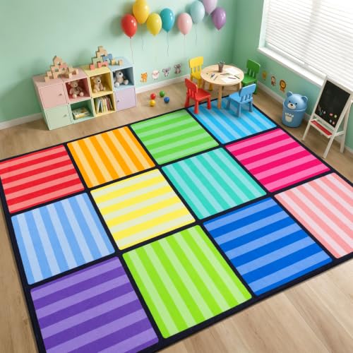 WISH TREE Color Striped Non Slip Washable 12 Seats Classroom Rug with Rubber Backing, Low Pile Kids Carpet for Preschool Kindergarten Elementary Playroom, 6x9 Feet
