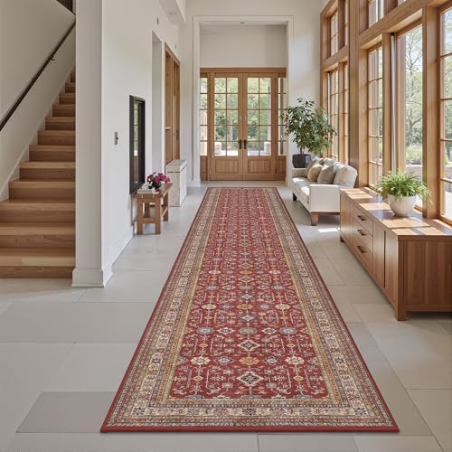 Oriental 2x10 Runner Rug Vintage Hallway Runner Rug Non Slip Machine Washable Stain Resistant Rugs for Bedroom Bedside Kitchen Entryway Burgundy Red Carpet Runners