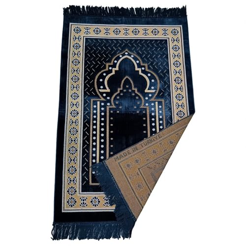 Prayer Mat Rug for Muslim Men, Women or Kids, Portable Praying Mat and Prayer Beads Sets for Islamic Gifts – Muslim Prayer Rug For Ramadan, Umrah, Hajj - Turkish Rug for Meditation and Worship (BLUE)