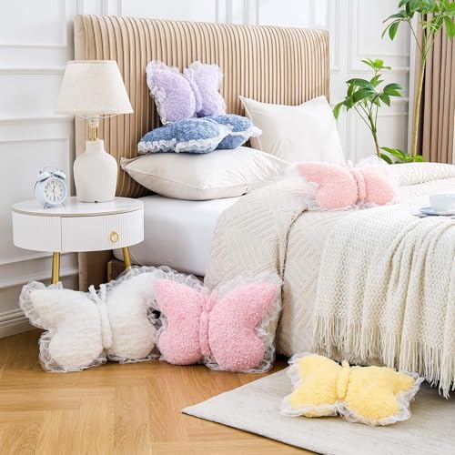XVTRU Butterfly Pillow White Decorative Pillows 15" Butterfly Shaped Cute Throw Pillows with Lace Aesthetic Bow Plush Cushion for Room Decor Bed Sofa Couch