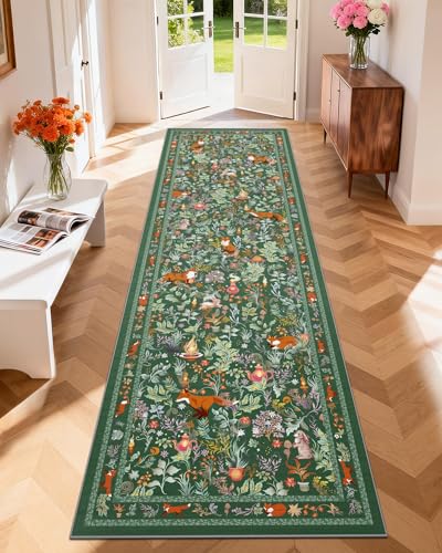 nesrt Fox Runner Rugs for Hallway 3x10ft Non Slip, Washable Long Animal Print Kitchen Rug, Soft Jungle Woodland Runners, Fantasy Floor Carpet for Entryway Doorway Home Decor (Green)