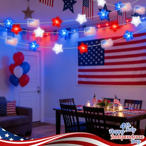 LAMPHOME Red White and Blue Patriotic String Lights, 16FT 50 LED 4th of July Decorations Battery Operated Fairy Lights with 8 Functions &Timer for Independence Day Memorial Day Home Decor