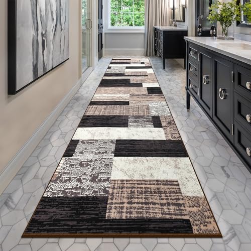 Indoor Washable Runner Rug with Rubber Backing, Modern Geometric Patchwork