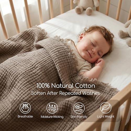WDCOZY 100% Cotton Muslin Blanket King Size 4-Layer for Bed Breathable Lightweight Soft Large Boho Farmhouse Linen Tassels Ruffle Gauze Blankets 108x90 Inches Brown Mocha Chocolate Coffee Taupe