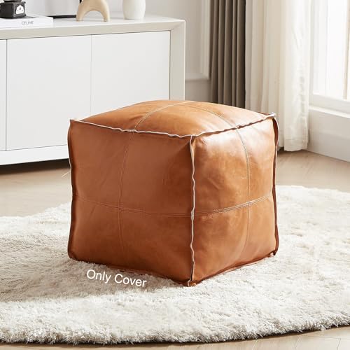 Louis Donné Pouf Ottoman, Unstuffed Pouf Cover, Handmade Faux PU Leather Moroccan, Orange Brown 17.7" Square, Foot Rest for Living Room, Floor Chair Gifts for Men Women, (Only Cover)