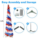 5Ft Pop up Christmas Tree 4th of July Patriotic Decorations Tree, Artificial Collapsible Star Sequins Christmas Tree for Indoor Outdoor Independence Day Red White and Blue Decorations