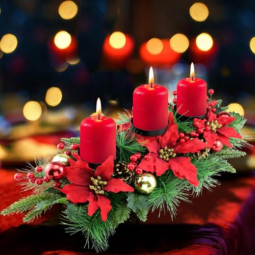 YULETIME 28" Christmas Triple Candelabrum, Poinsettia, Baubles, Red Berries