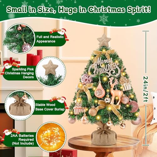Livole 2 FT Small Christmas Tree, Mini Christmas Tree with Lights, Mini Tabletop Full Xmas Trees with 35 PCS Pink Ornaments, Merry Christmas, Xmas Tree for Table DIY Christmas Decor