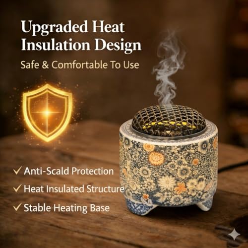 Ceramic Holder Electric Incense Burner Blue & White Porcelain Built-in LED Lights Simulate Flames, Classical, Elegant and High-end Top Hollow Design